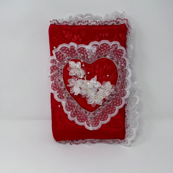Other - Vintage Red Satin Heart Lace Photo Album Floral Damask 3-Ring Binder Keepsake